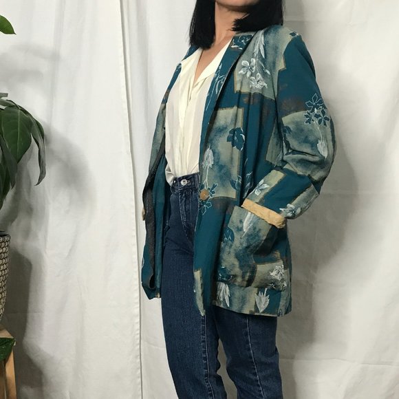 Vintage 1980s geometric floral blazer green medium - Picture 3 of 12